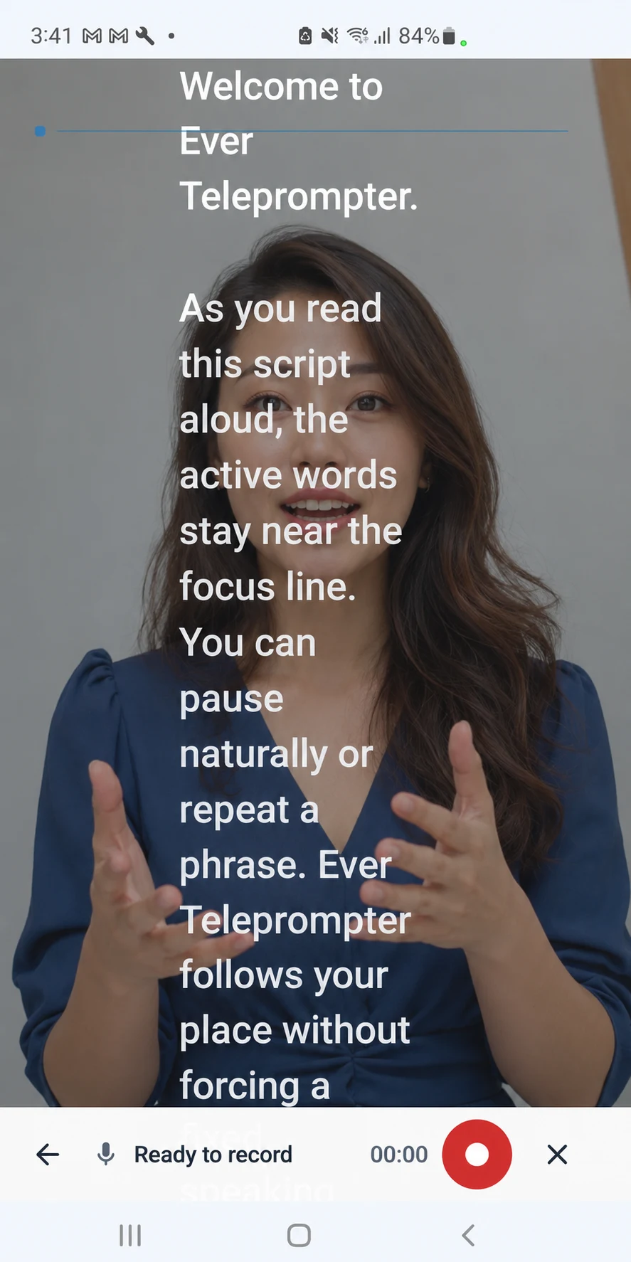 Ever Teleprompter showing a script over the camera view