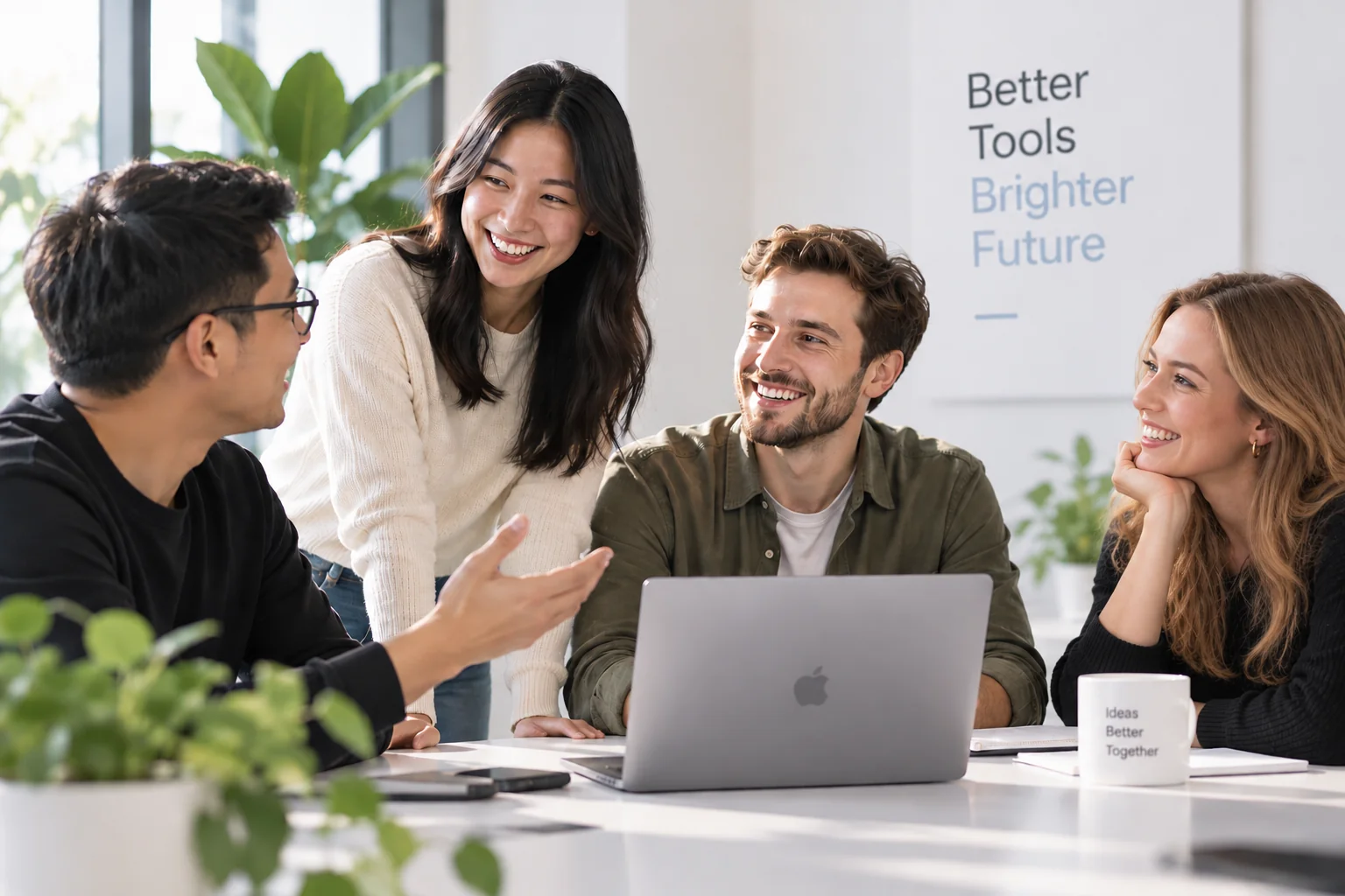 People sharing ideas around a laptop in a bright, welcoming workspace